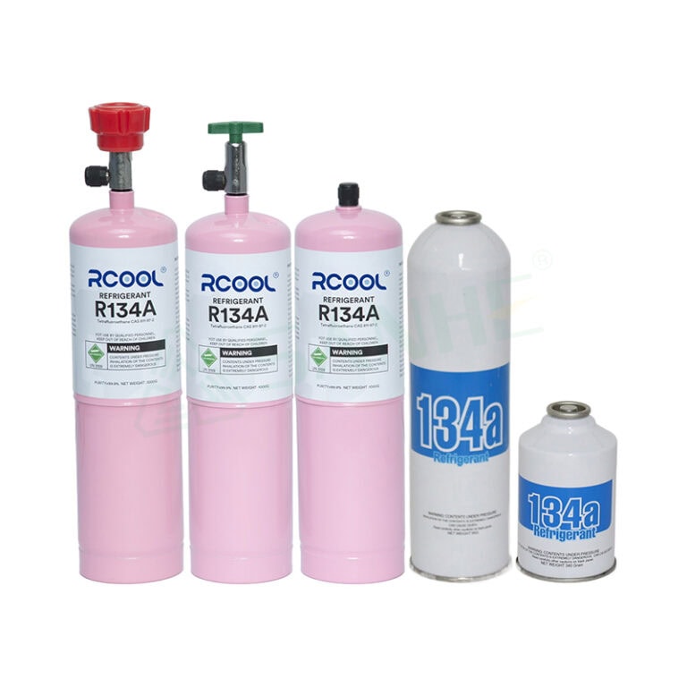 Set of refrigerant gas cylinders for HVAC systems, including R134A refrigerant, used in air conditioning and refrigeration units.
